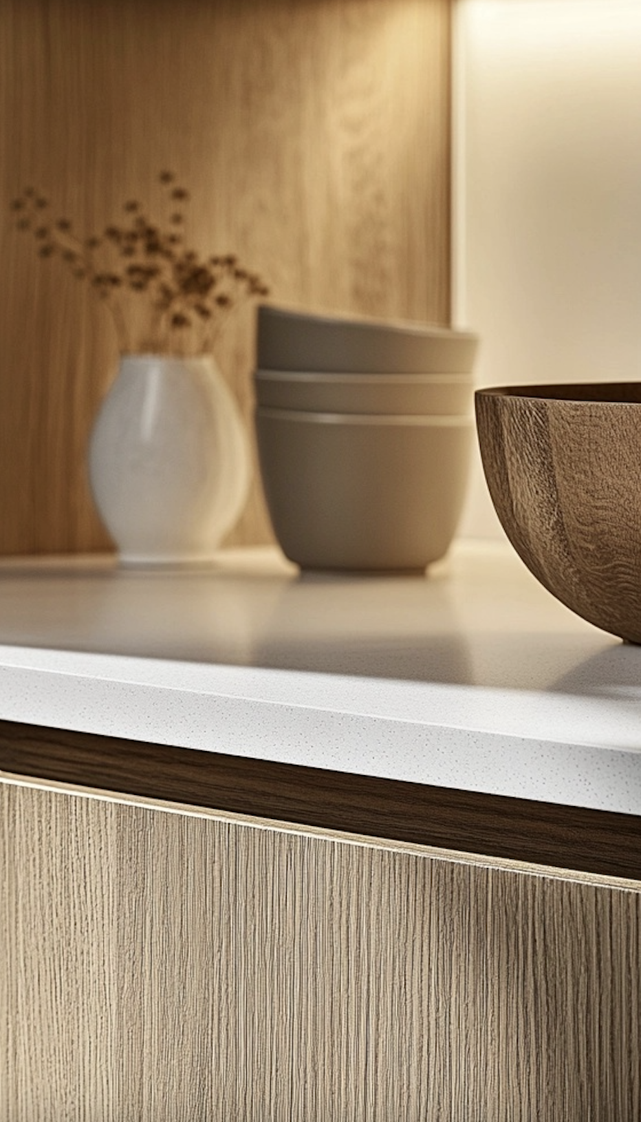 Cuisine contemporaine avec plan de travail en céramique haut de gamme et façade en chêne naturel – JBB Architecture par Jean-Baptiste Brulé