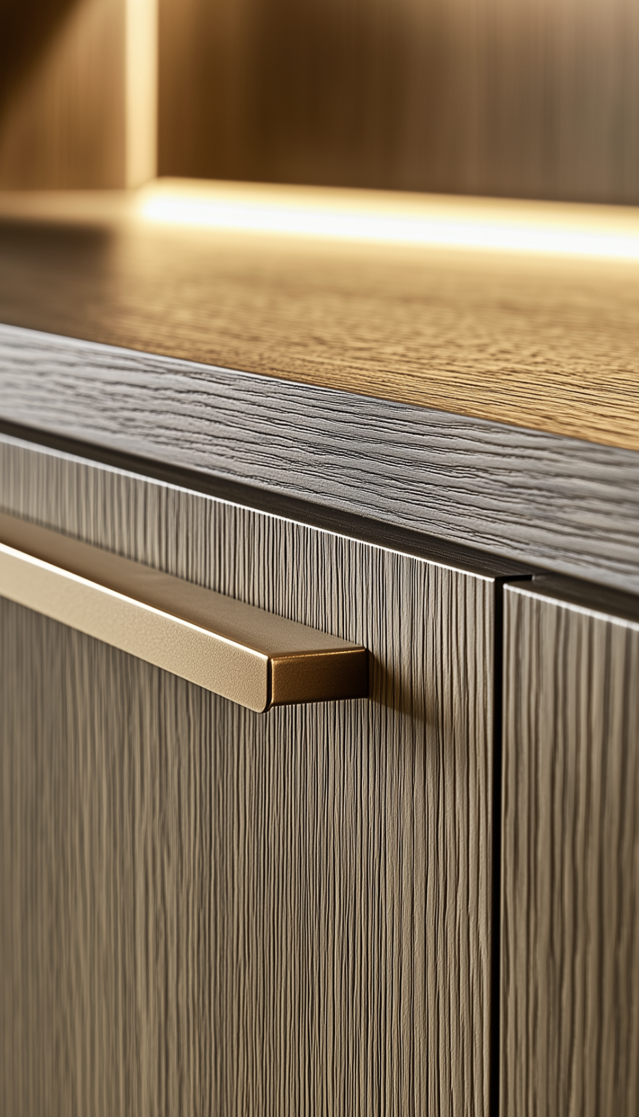 Cuisine contemporaine en stratifié chêne avec poignée en laiton brossé, mobilier design et élégant – JBB Architecture par Jean-Baptiste Brulé