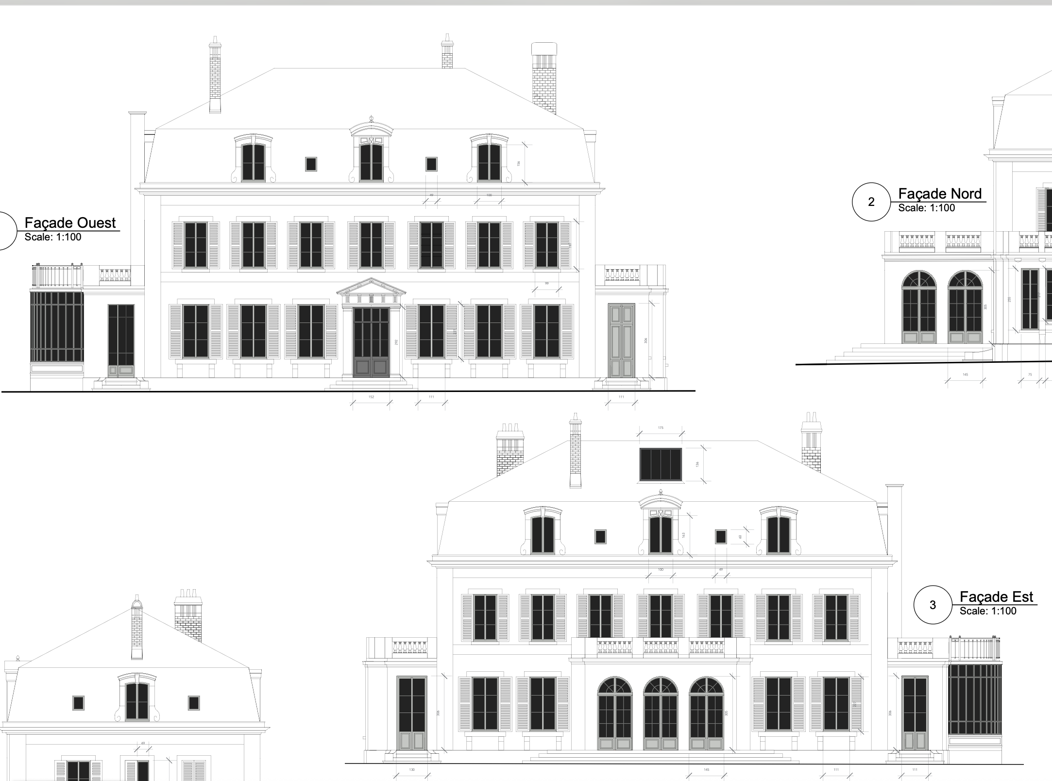 Plans et élévations du Château des Chesney dans l’Yonne – façades Ouest, Est et Nord – Jean-Baptiste Brulé – JBB Architecture