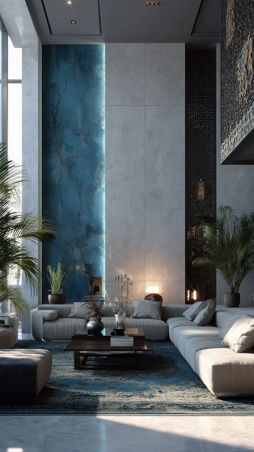 Espace de réception contemporain à Marrakech réalisé par JBB architecte d’intérieur, dominé par un mur bleu profond et des assises blanches entourées de végétation intérieure.