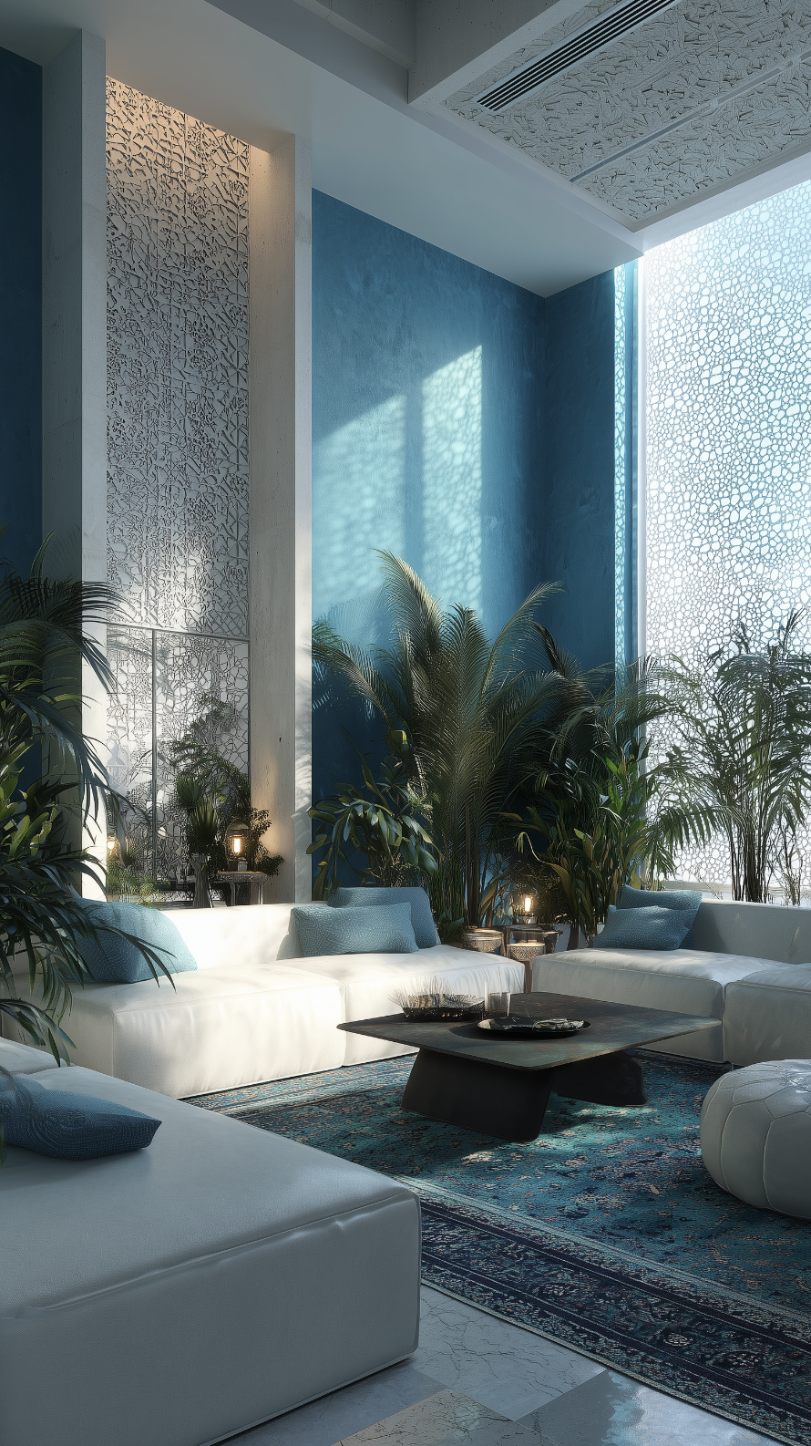 Grand salon marocain revisité à Marrakech, imaginé par JBB architecte d’intérieur, baigné de lumière naturelle, avec murs bleu clair, canapés blancs et tapis bleu à motifs orientaux