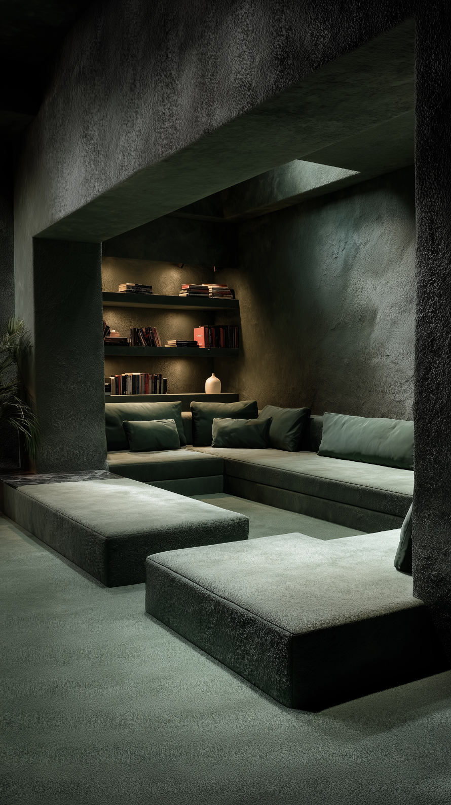 Love room à Troyes au design minimaliste, teinte vert Windmill Lane de Little Greene, espace détente conçu par JBB Architecture