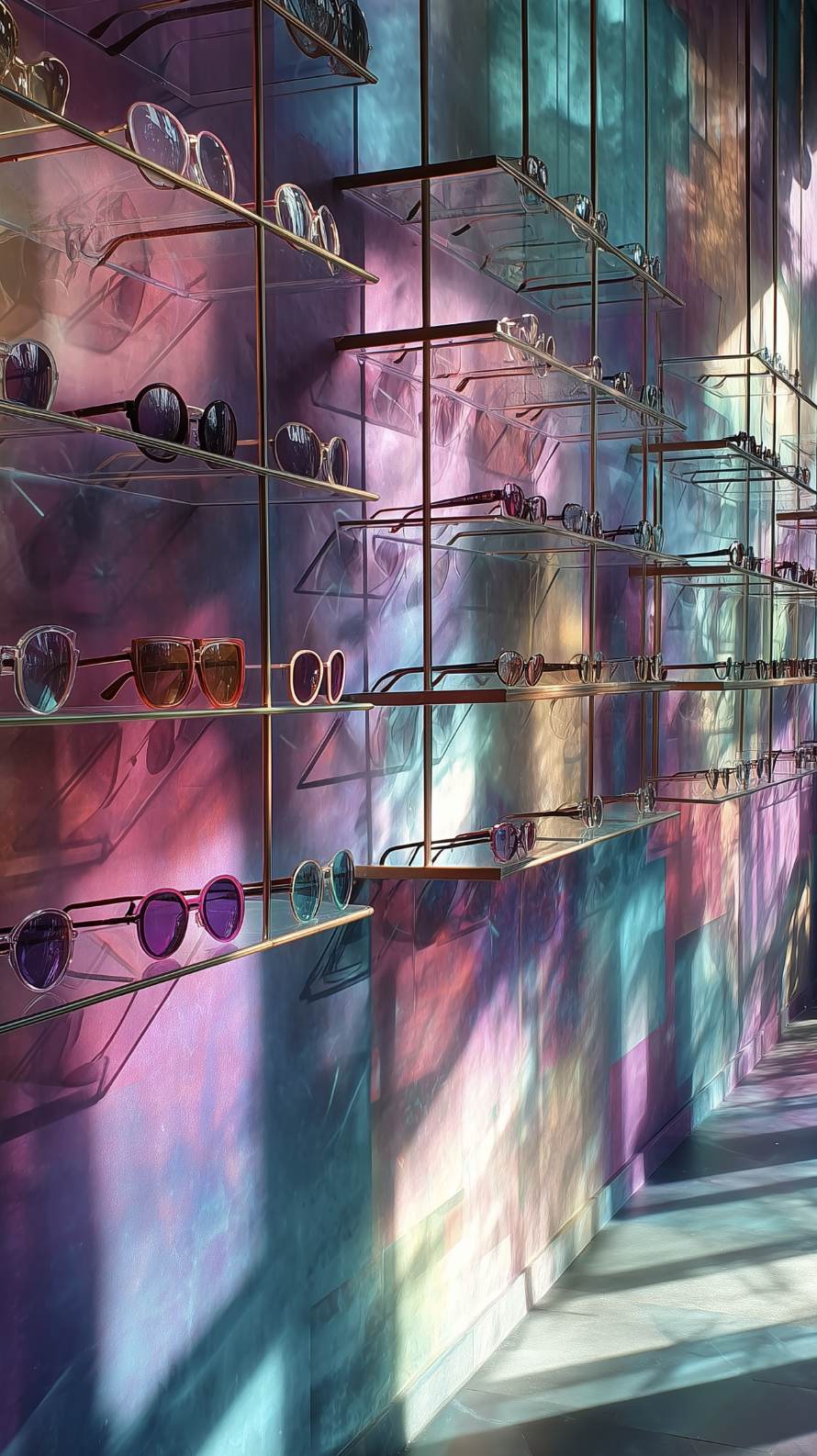 Mur de présentation de lunettes coloré, baigné de lumière naturelle, conçu par JBB Architecture pour un concept d’opticien à Chablis dans l’Yonne