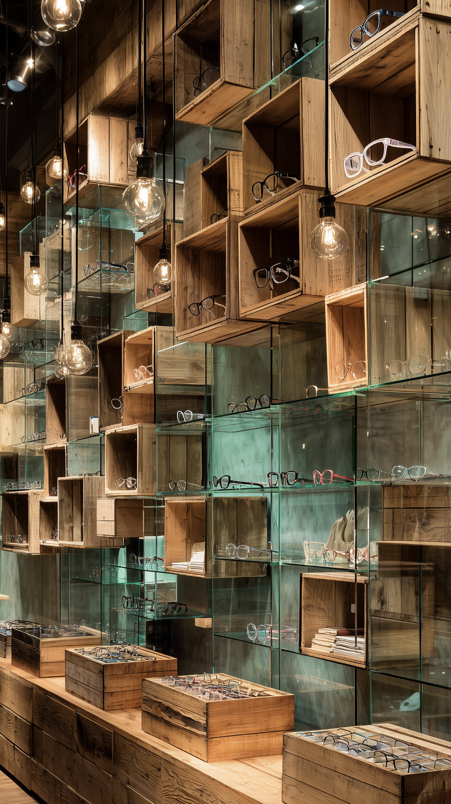 Vitrine d’opticien design réalisée par JBB Architecture dans l’Yonne, mêlant bois brut, verre et éclairage suspendu pour une ambiance chaleureuse et contemporaine