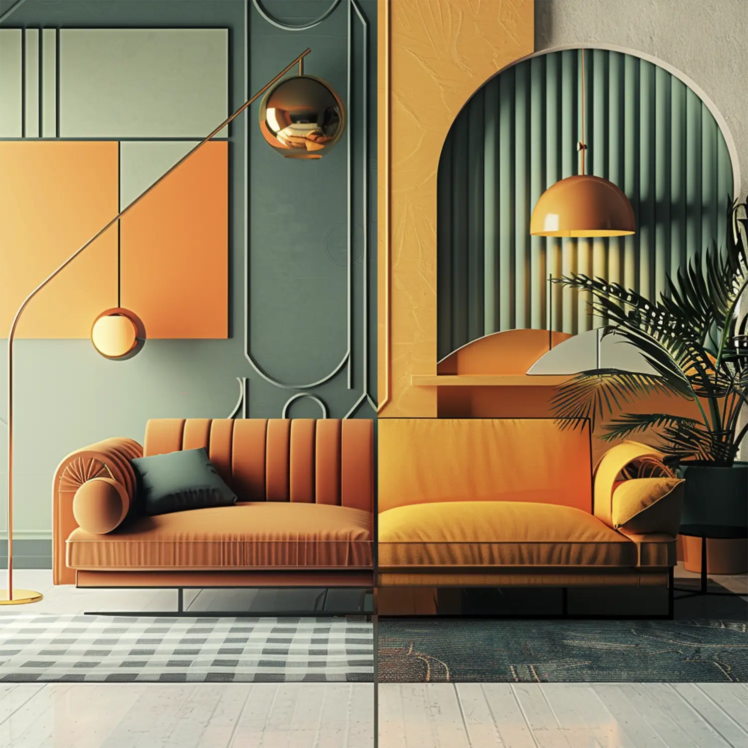 Salon moderne aux couleurs orange et vert avec mobilier design et éclairage décoratif, JBB Architecture intérieure