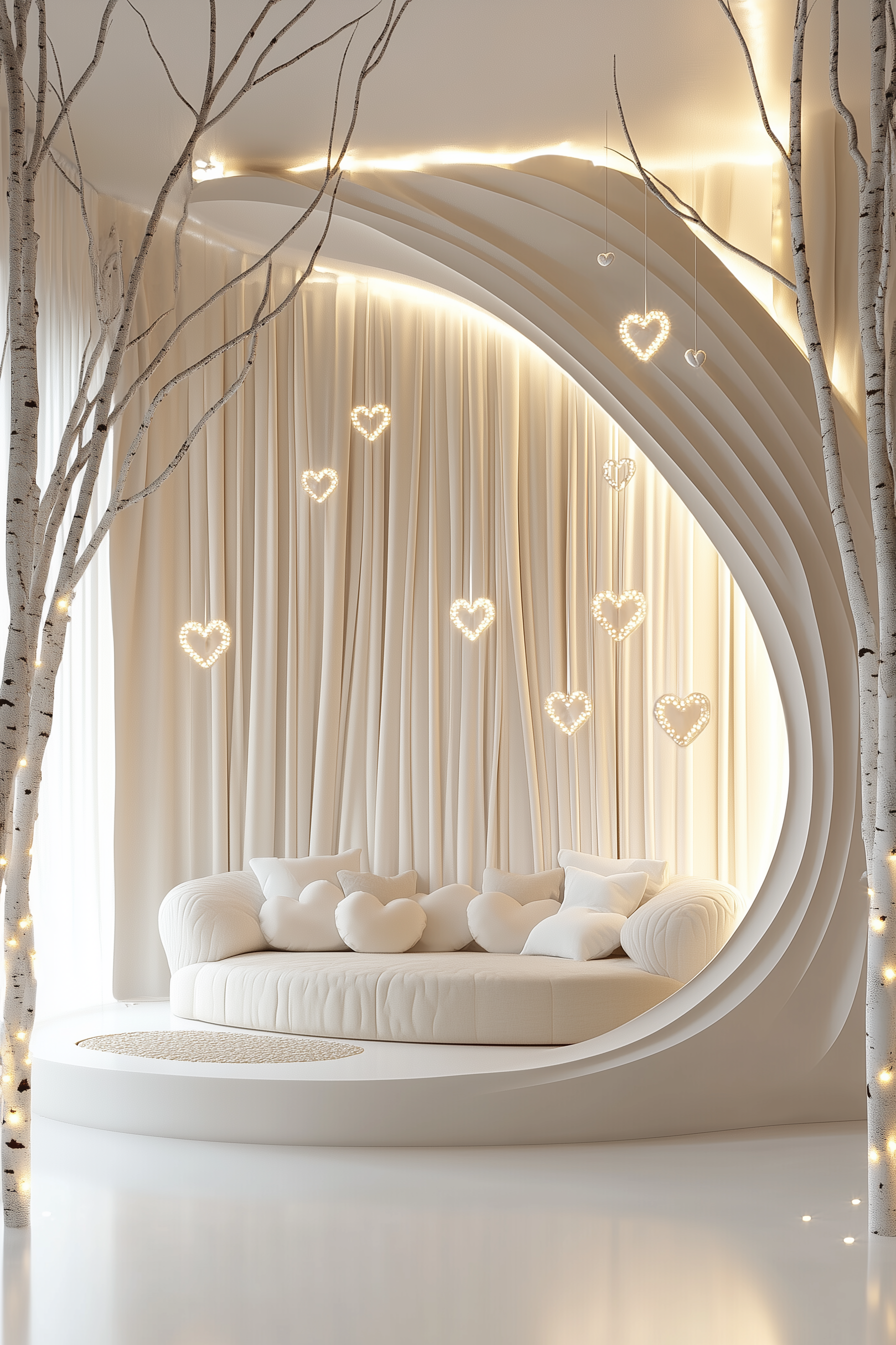 Salon design lumineux avec canapé arrondi, suspensions en forme de cœur, projet Jean-Baptiste Brulé JBB Architecture d’intérieur