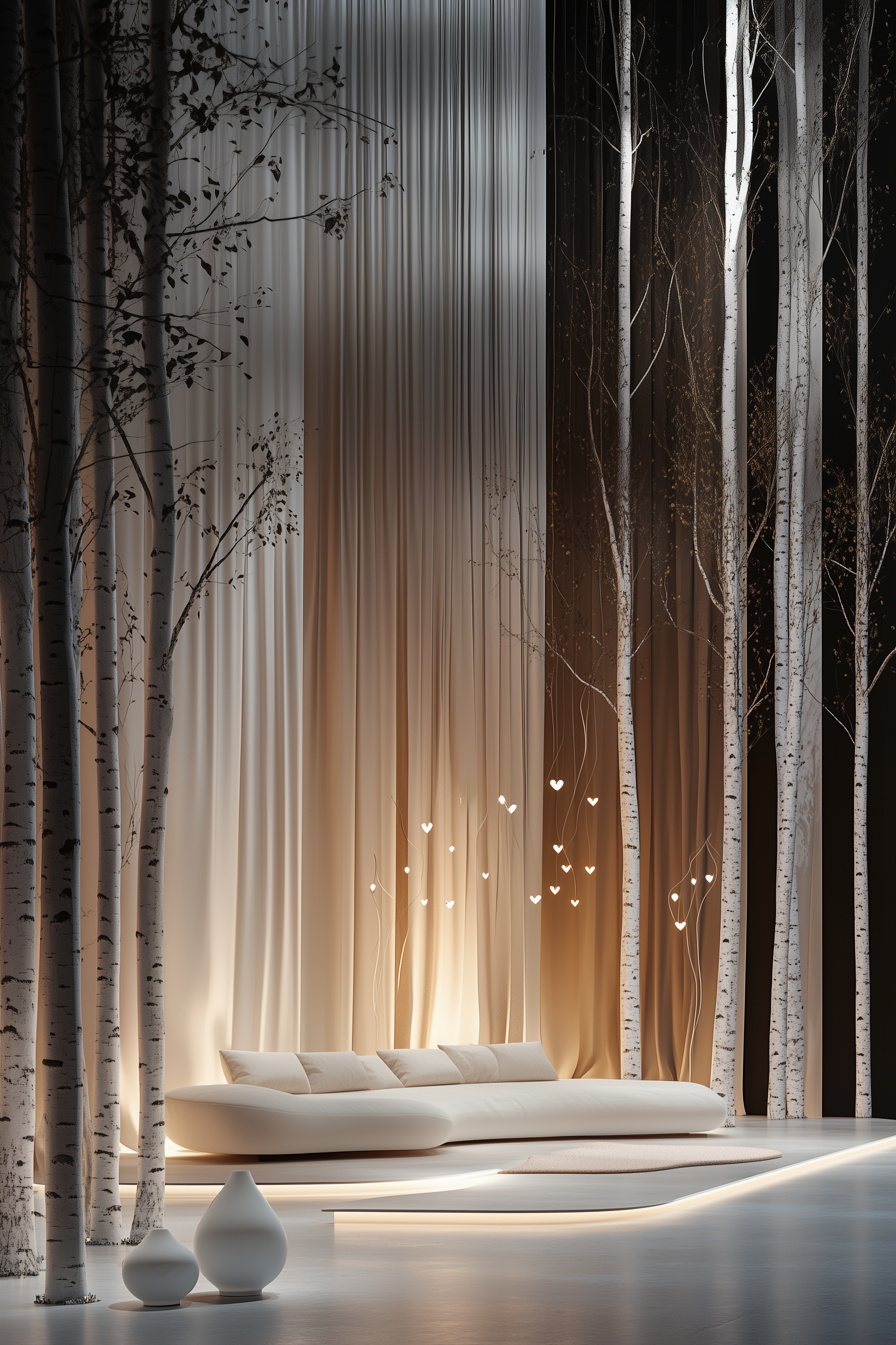 Aménagement intérieur avec canapé design et décor forêt, lumière douce, JBB Architecture intérieure design art