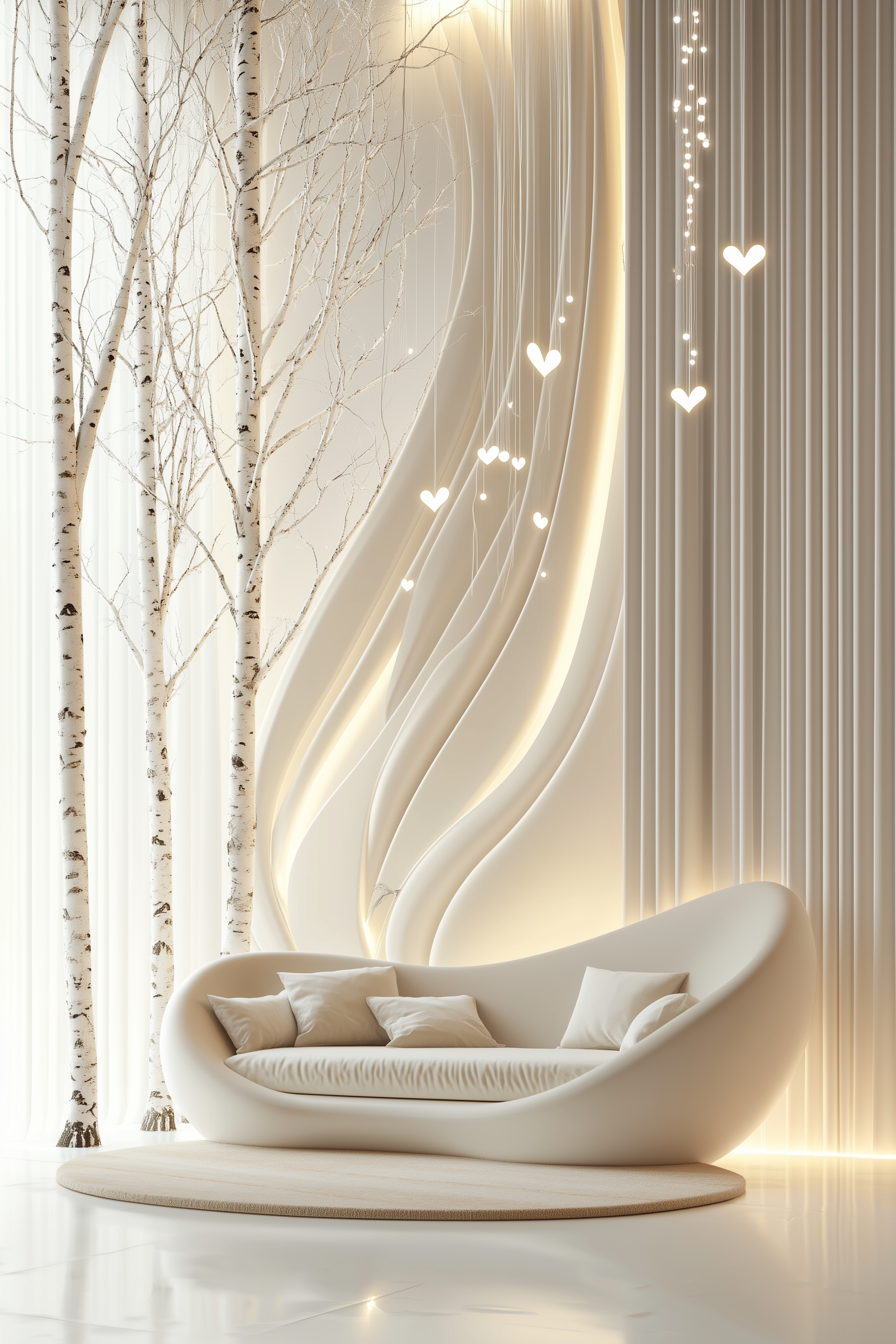 Salon moderne avec canapé blanc, formes lumineuses organiques et décor bois, réalisé par Jean-Baptiste Brulé JBB Architecture