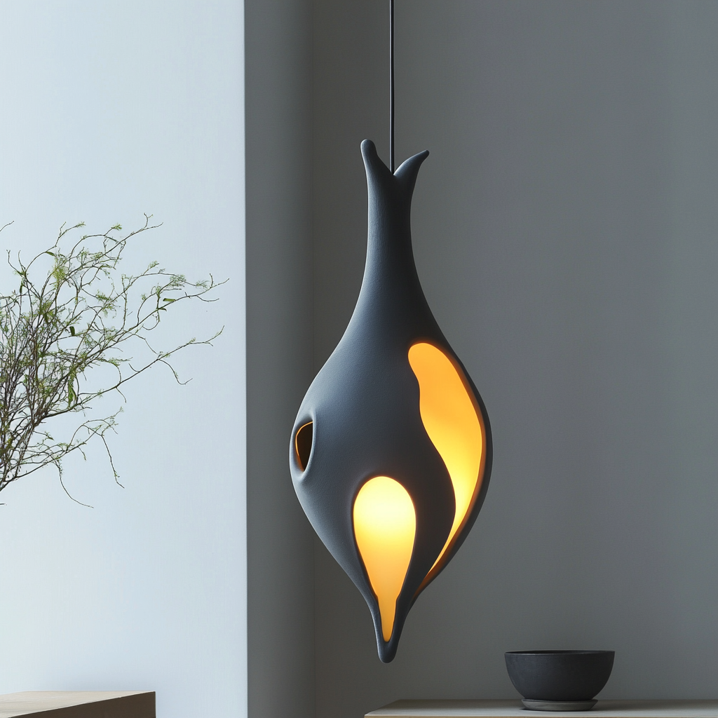 Suspension design noire inspirée du nid de la rémiz penduline, luminaire organique signé JBB Architecture