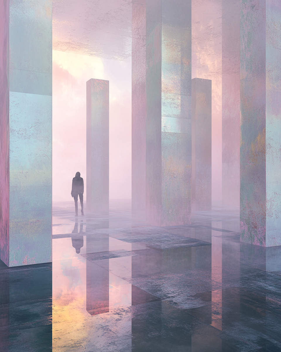 Silhouette dans un espace conceptuel avec colonnes monumentales et jeux de lumière, design JBB Architecture