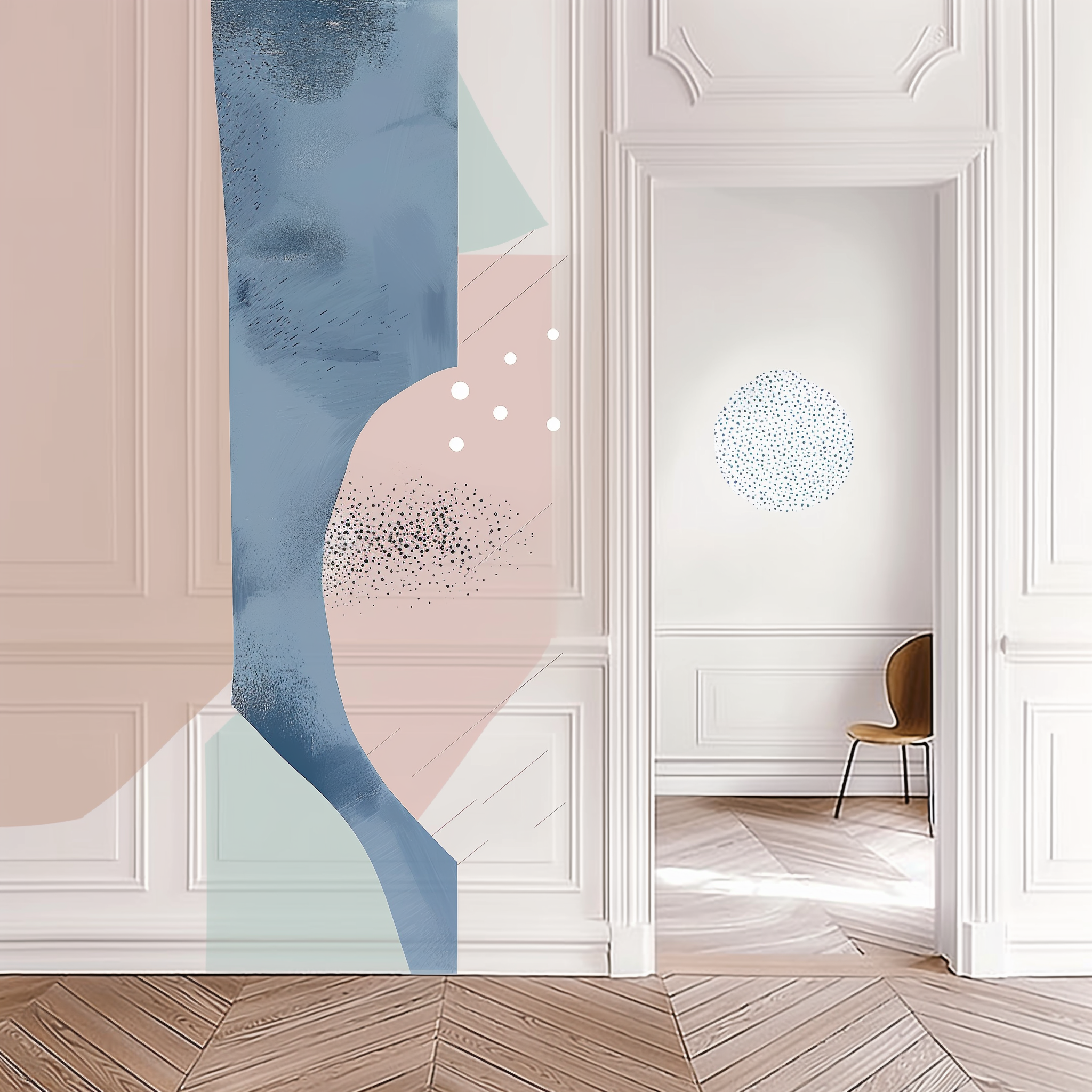 Fresque murale abstraite aux tons pastel dans un couloir classique rénové avec parquet en chevron, JBB Architecture