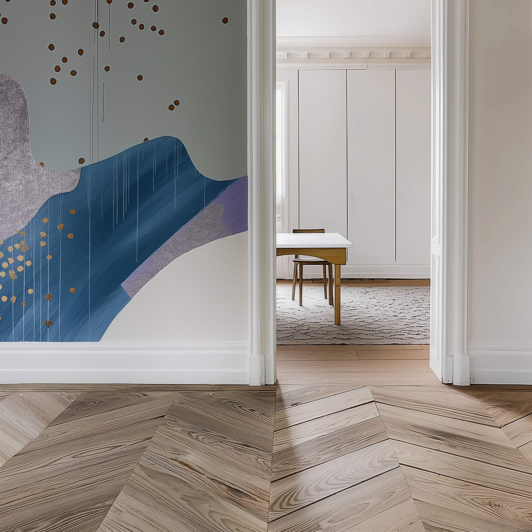 Fresque murale contemporaine avec formes abstraites bleues et touches dorées dans un intérieur haussmannien, JBB Architecture