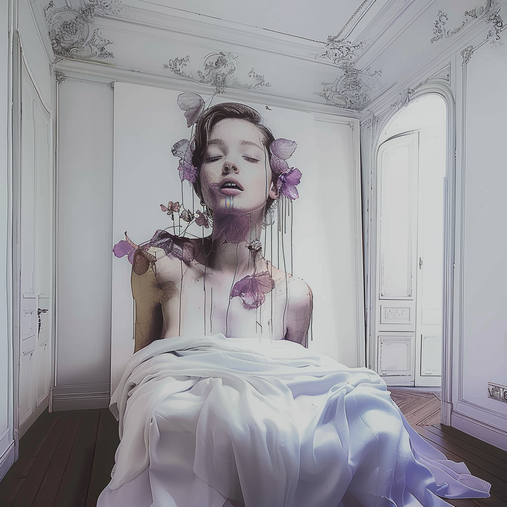 Portrait féminin artistique avec fleurs violettes et drapé blanc dans un intérieur classique, création murale JBB