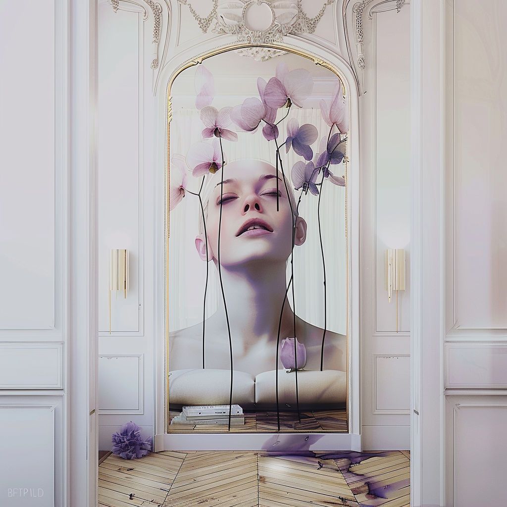 Fresque murale intégrant un portrait féminin avec fleurs violettes dans un miroir, design artistique JBB Architecture