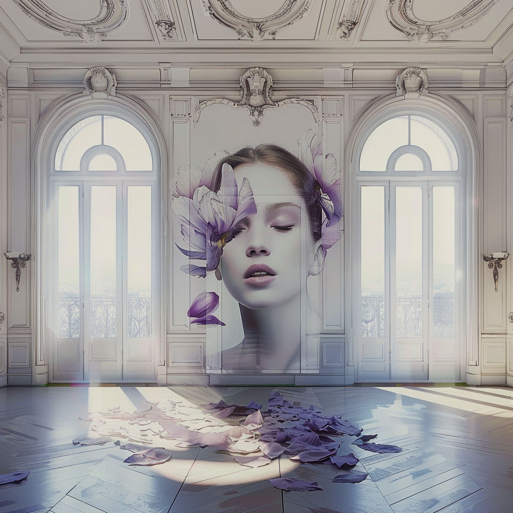 Fresque murale artistique avec portrait féminin et fleurs violettes dans un intérieur classique, création Jean-Baptiste Brulé JBB