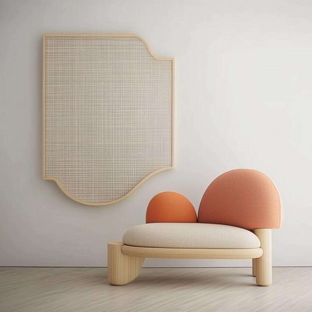 Fauteuil design contemporain orange et beige avec panneau acoustique mural courbe en bois clair – JBB Architecture intérieure