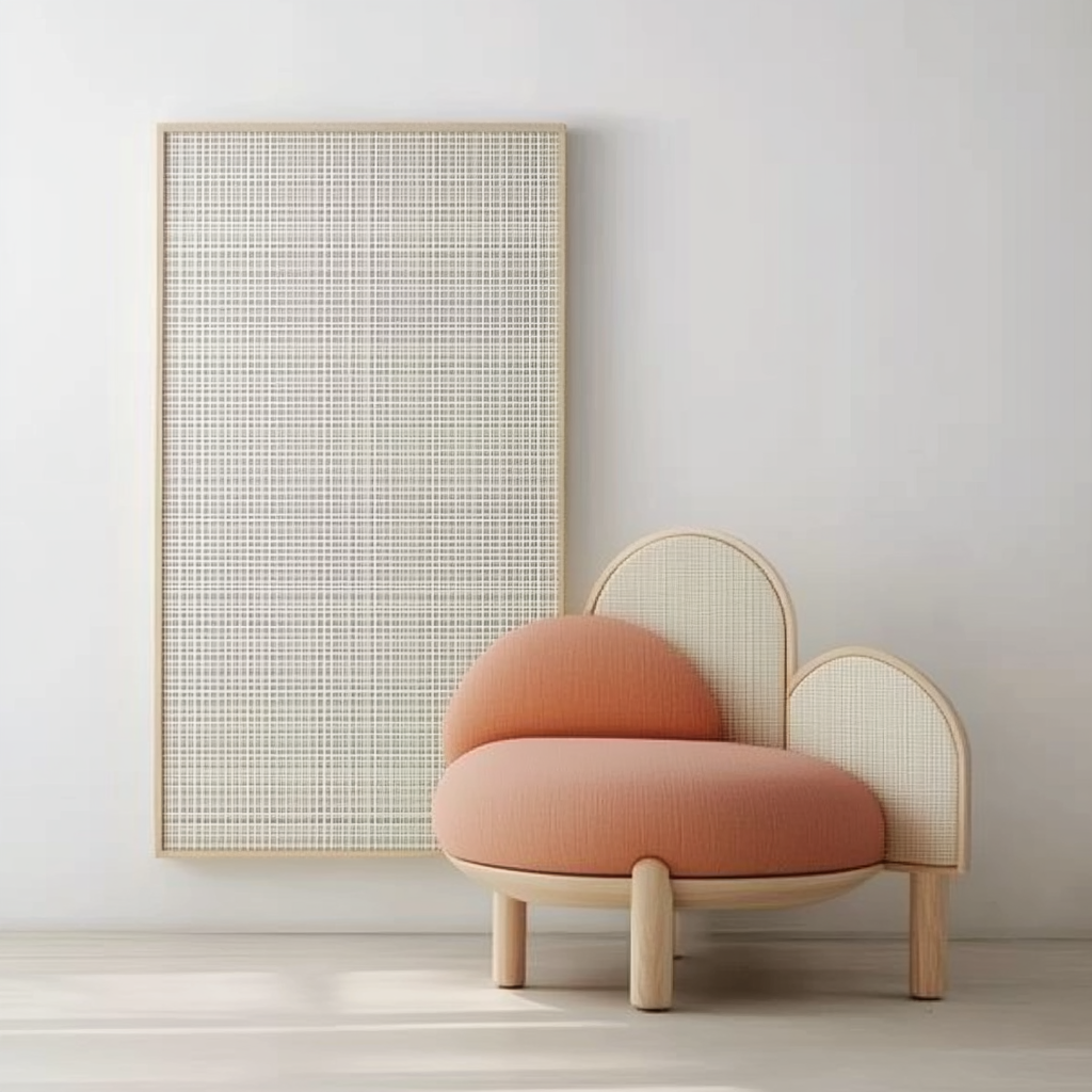 Fauteuil design contemporain dossier double arrondi avec panneau acoustique mural en bois clair – mobilier et acoustique JBB