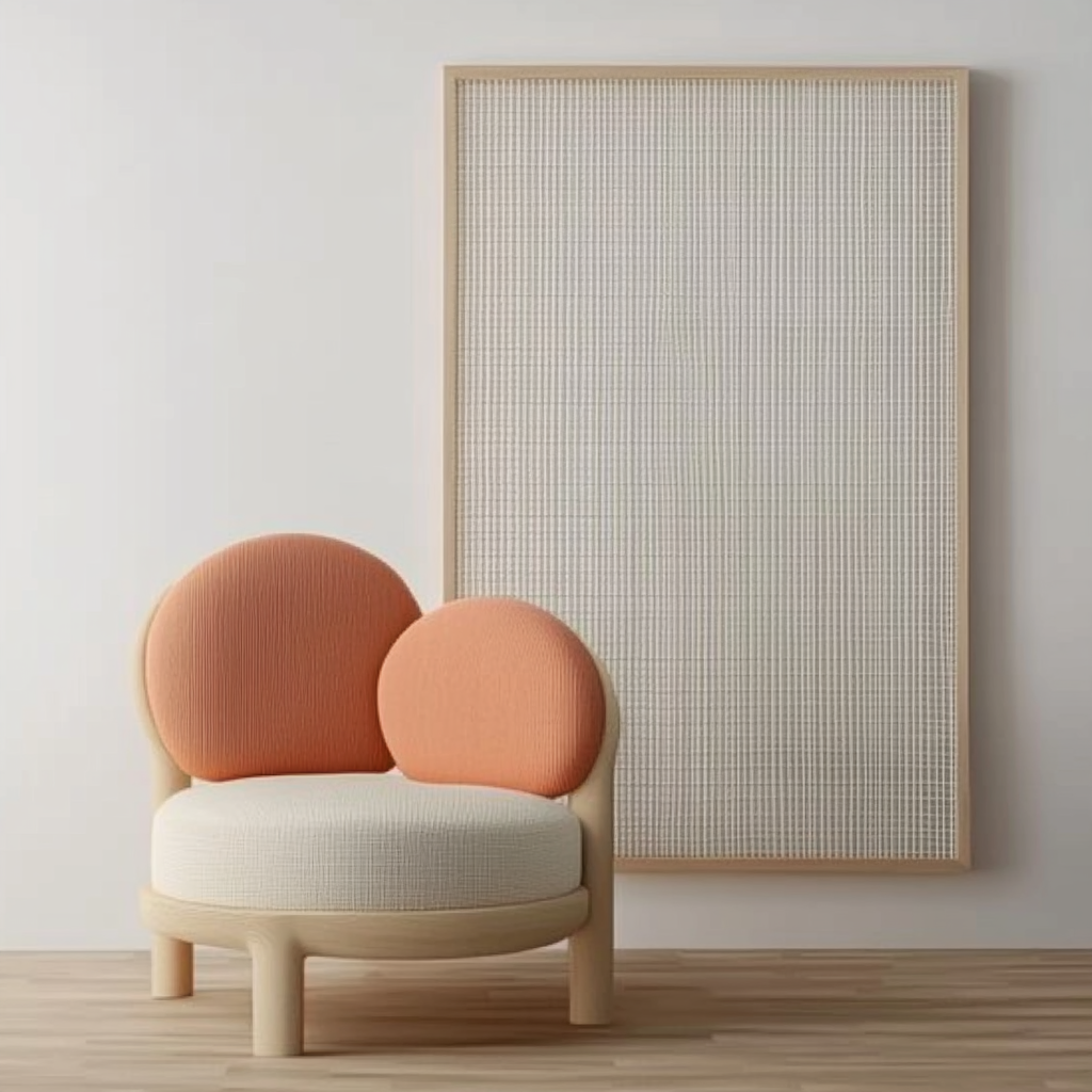 Fauteuil design contemporain avec panneau acoustique rectangulaire en bois clair, création Jean-Baptiste Brulé JBB