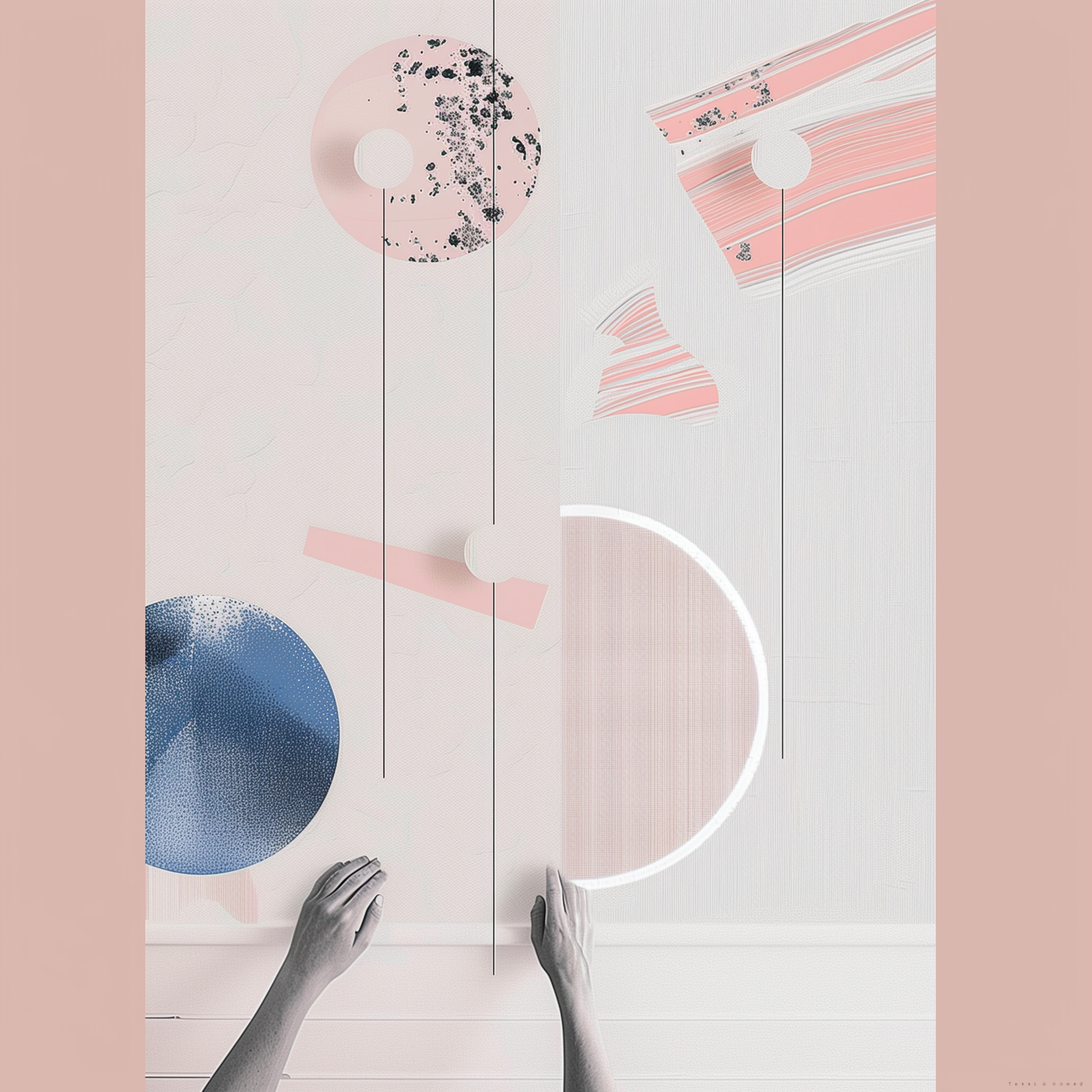 Composition murale abstraite rose et bleue avec formes géométriques et détails graphiques, création JBB Architecture