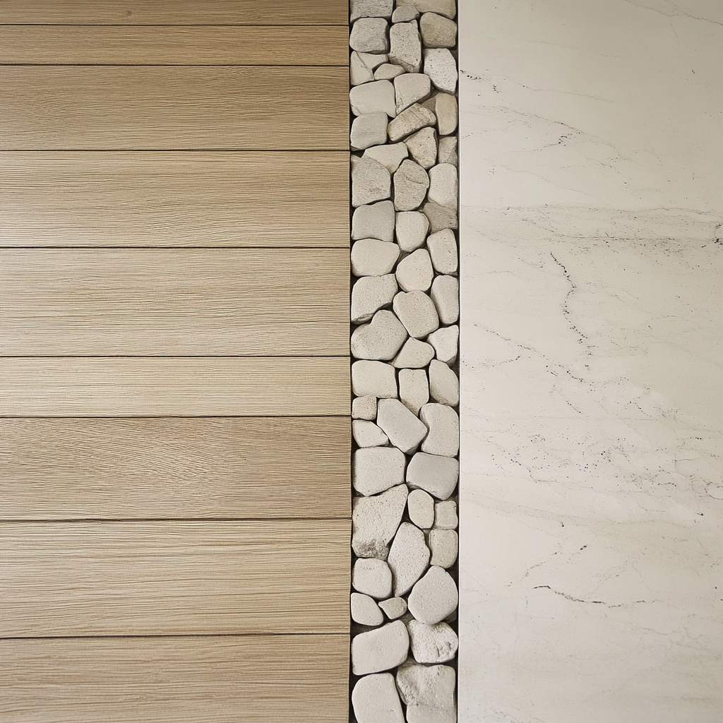 Alliance bois clair, galets décoratifs et surface marbrée en grès cérame, design acoustique et décoratif JBB