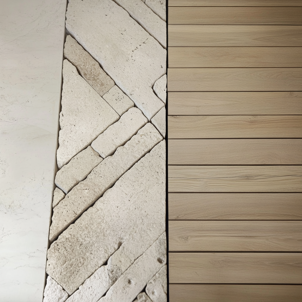 Assemblage décoratif bois et pierre naturelle en découpe courbe, design Jean-Baptiste Brulé JBB