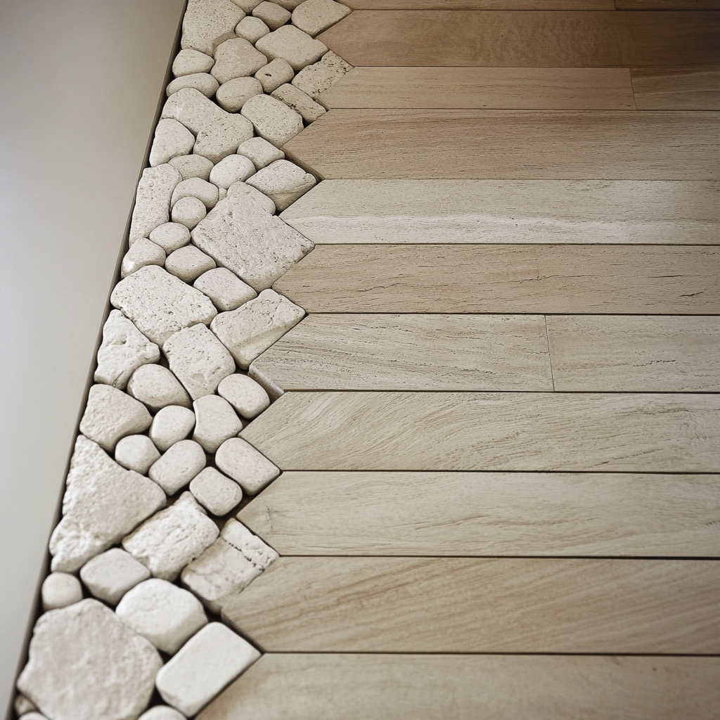 Composition sol en bois clair, galets polis et pierre naturelle rectangulaire, création JBB Architecture
