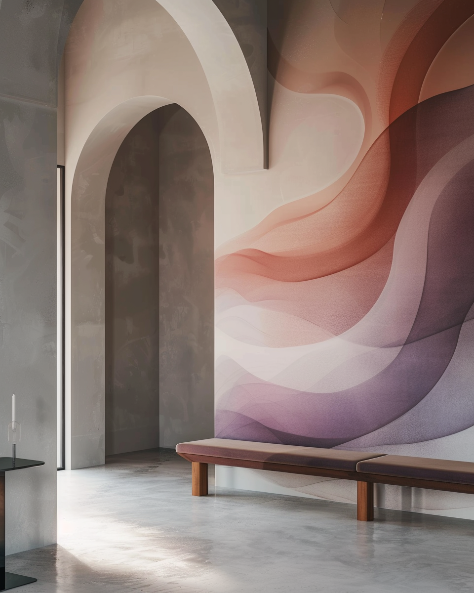 Mur décoratif avec fresque abstraite aux tons chauds et arcade contemporaine, projet JBB Architecture intérieure