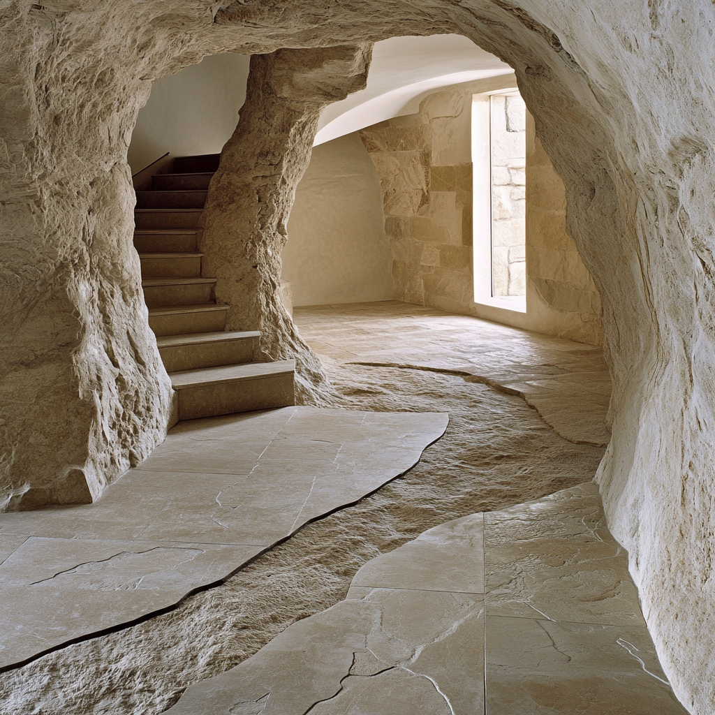 Rénovation d’un espace troglodyte avec escalier en pierre et sol naturel sculpté, projet Jean-Baptiste Brulé JBB Architecture