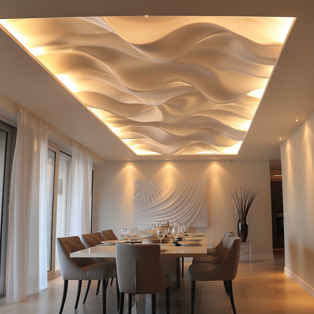 Salle à manger contemporaine avec plafond lumineux en formes ondulées et décor design, JBB Architecture intérieure